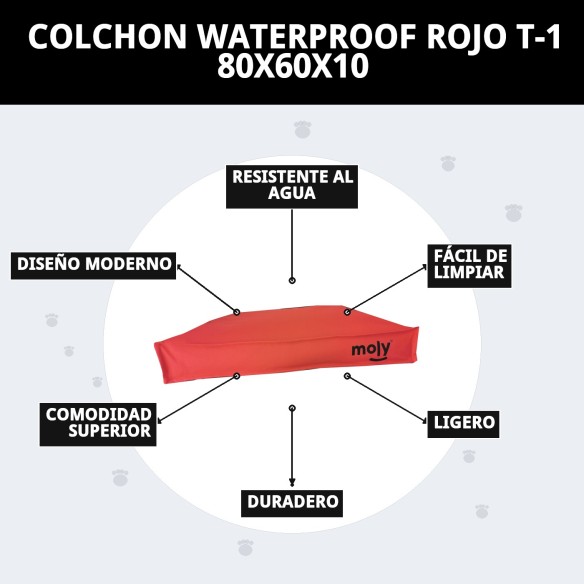 Colchón Waterproof Rojo T-1 80x60x10 para Mascotas Felices