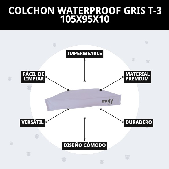 Colchón Waterproof Gris T-3 105x95x10 para Mascotas Confortable