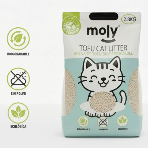 Arena de Tofu-Soja Carbón Activo-Biodegradable para Gatos 2,8 kg | Ecológica, Aglomerante y Natural – Moly-8,4 Litros