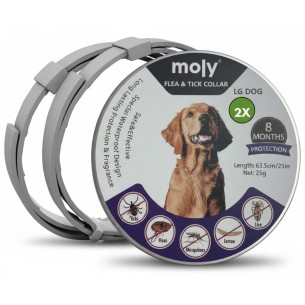 Collar Antiparasitario Moly para Perros y Gatos Medianos y Grandes 62,5 cm | Pack 2 Unidades | Protección Natural 8 Meses