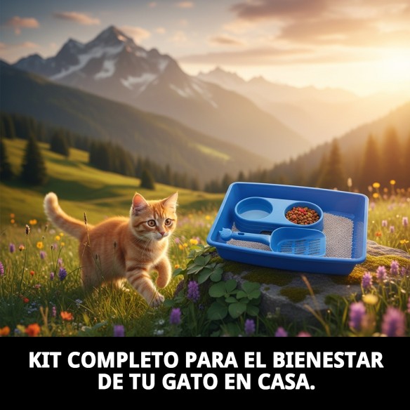 Kit Completo para Gato: Bandeja, Comedero y Pala 37x26
