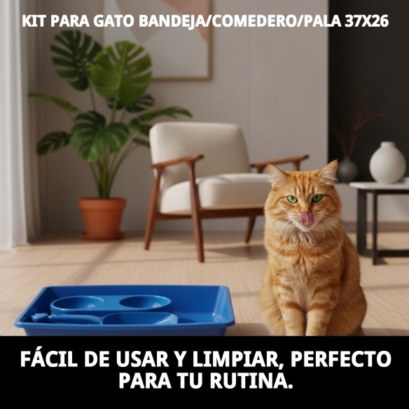 Kit Completo para Gato: Bandeja, Comedero y Pala 37x26