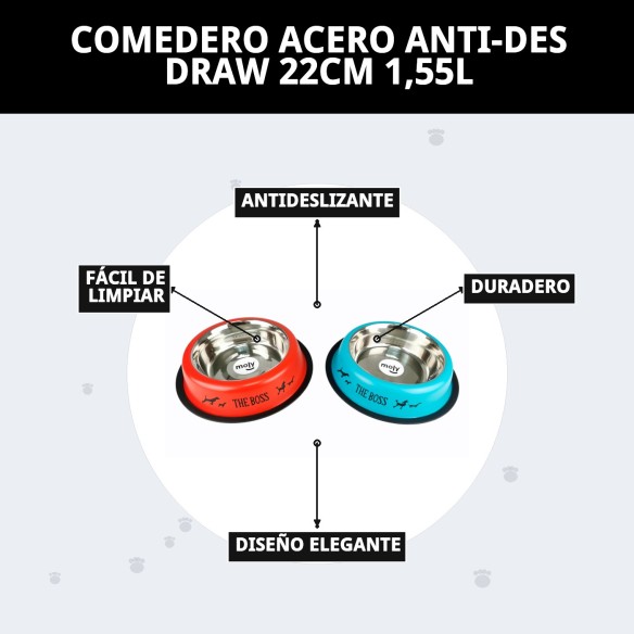 Comedero de Acero Antideslizante Draw 22cm 1,55L para Mascotas
