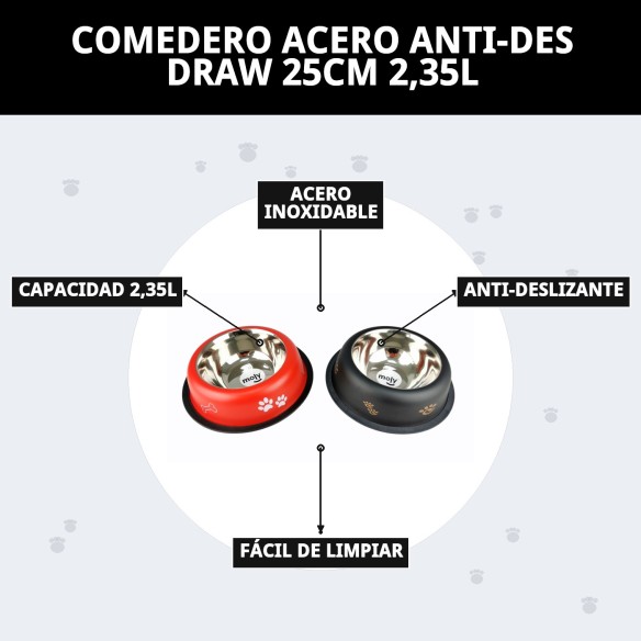 Comedero Acero Antideslizante Draw 25cm 2,35L para Mascotas
