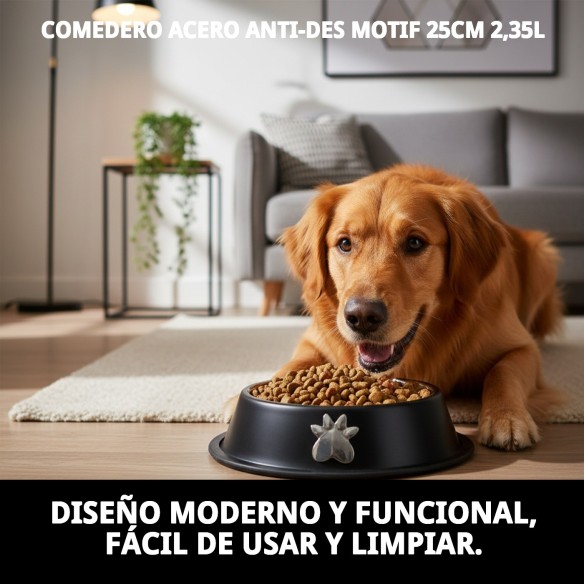 Comedero Acero Antideslizante Motif 25cm 2,35L para Mascotas