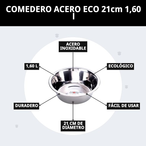 Comedero de Acero Eco 21cm - Capacidad 1.6L para Mascotas