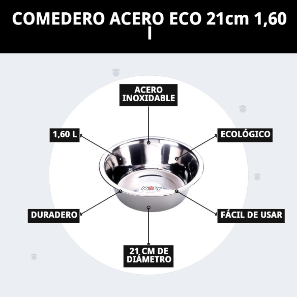 Comedero de Acero Eco 21cm - Capacidad 1.6L para Mascotas