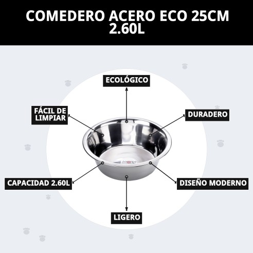 Comedero de Acero Eco 25cm - Capacidad 2.6L para Mascotas