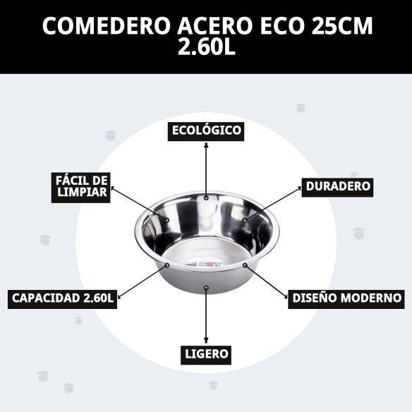 Comedero de Acero Eco 25cm - Capacidad 2.6L para Mascotas