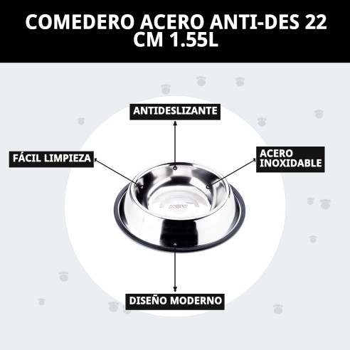 Comedero de Acero Anti-deslizante 22 cm - 1.55L para Mascotas