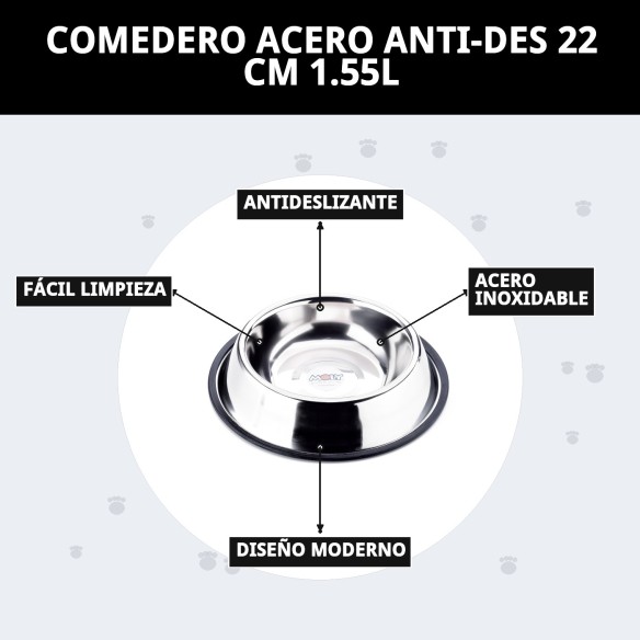 Comedero de Acero Anti-deslizante 22 cm - 1.55L para Mascotas