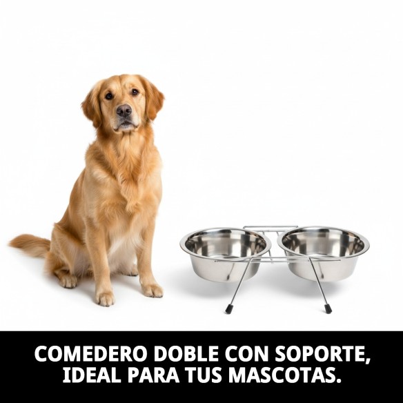 Comedero Doble 21cm con Soporte - Ideal para Mascotas