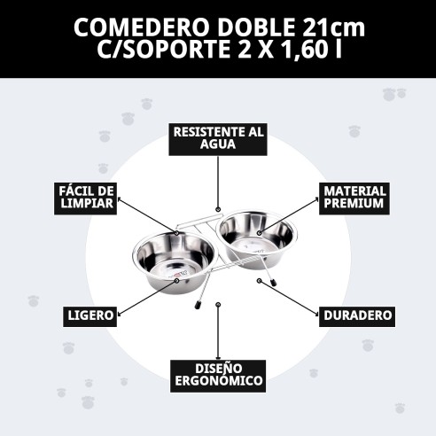 Comedero Doble 21cm con Soporte - Ideal para Mascotas