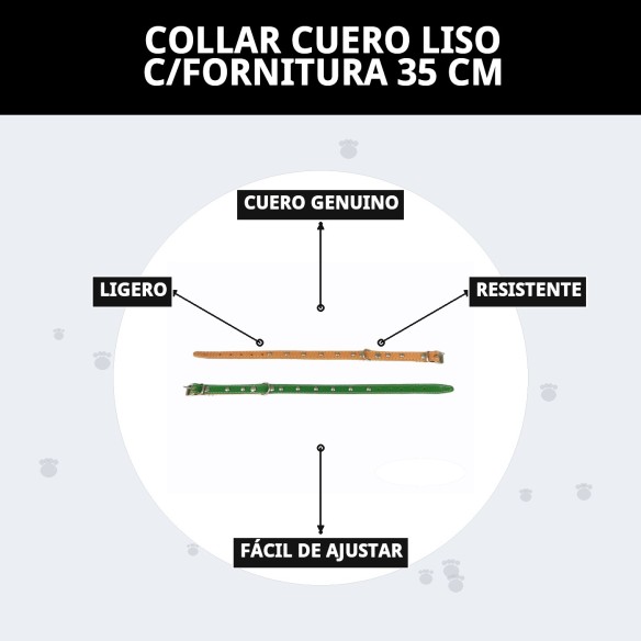 Collar de Cuero Liso con Fornitura - 35 cm para Mascotas