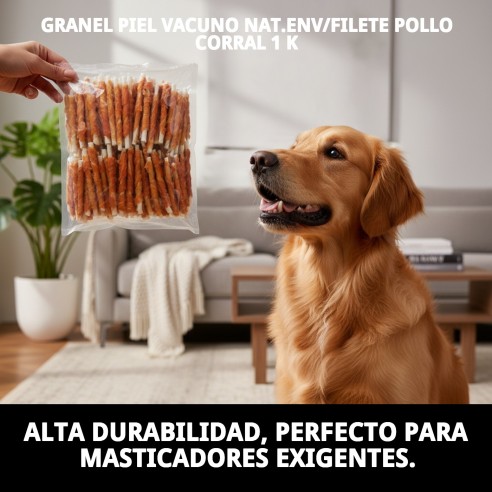 Piel Vacuno Granel con Filete Pollo Corral 1kg para Mascotas